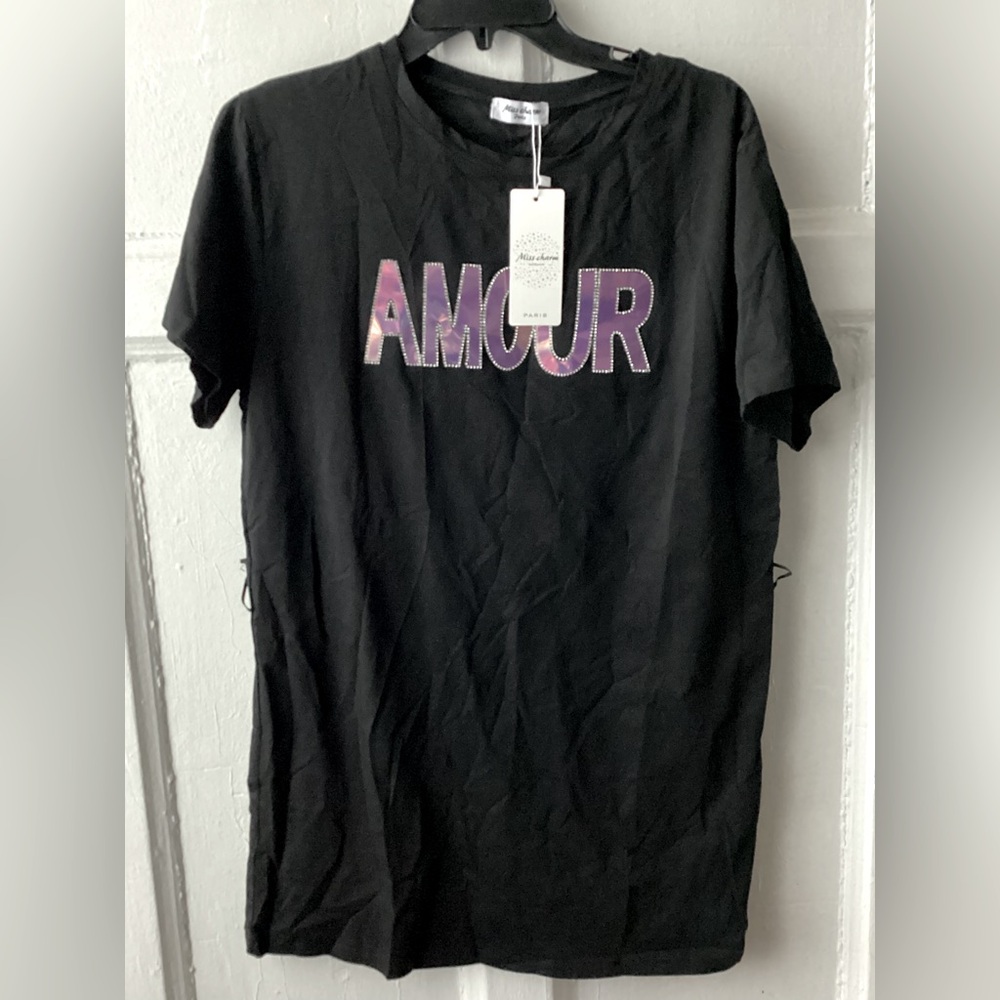 Miss Charm Paris Black T-Shirt with Purple 'Amour' Graphic